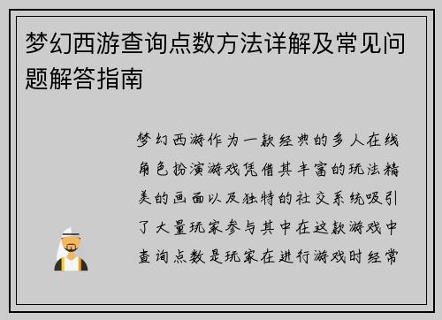 梦幻西游查询点数方法详解及常见问题解答指南