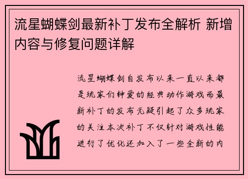流星蝴蝶剑最新补丁发布全解析 新增内容与修复问题详解